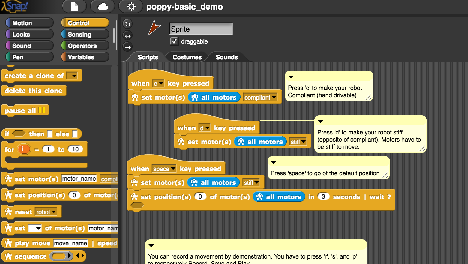 SCRATCH program to control the robot